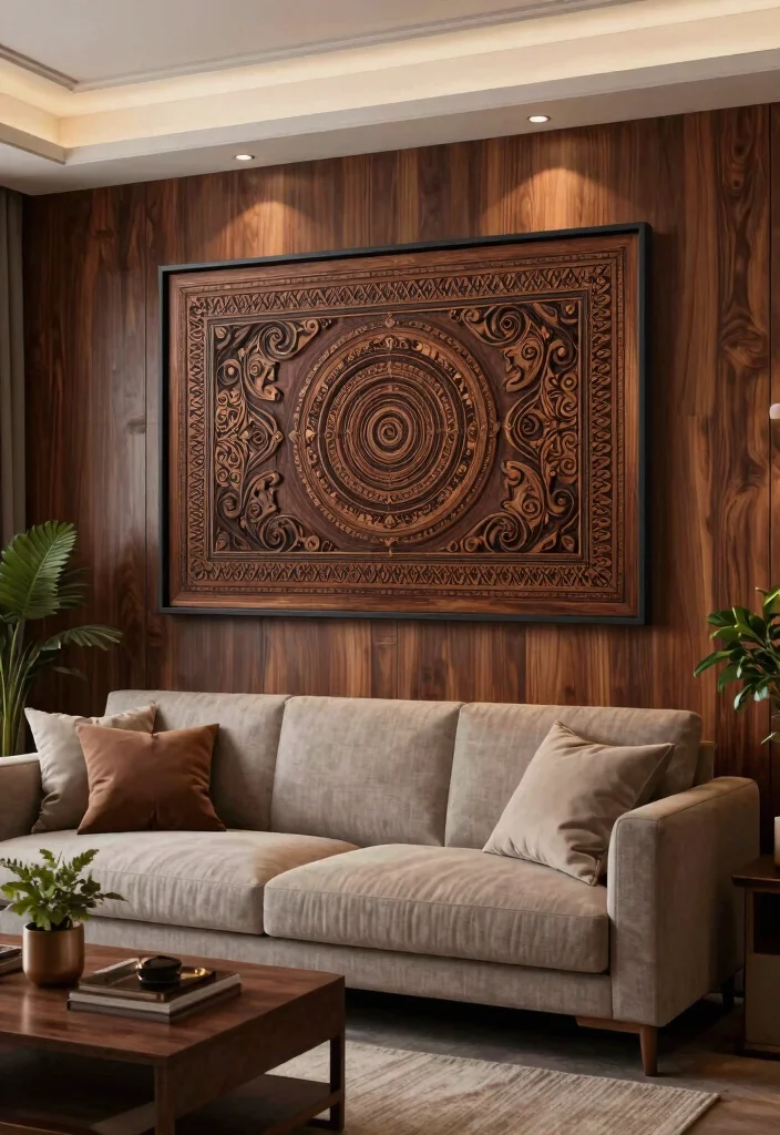 30 Dark Wood Living Room Decor Ideas for a Warm Elegant Home - 21. Dark Wood Wall Art 1