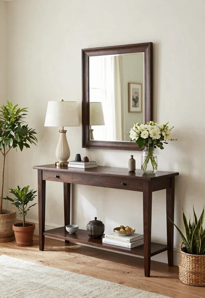 30 Dark Wood Living Room Decor Ideas for a Warm Elegant Home - 22. Dark Wood Console Tables 1
