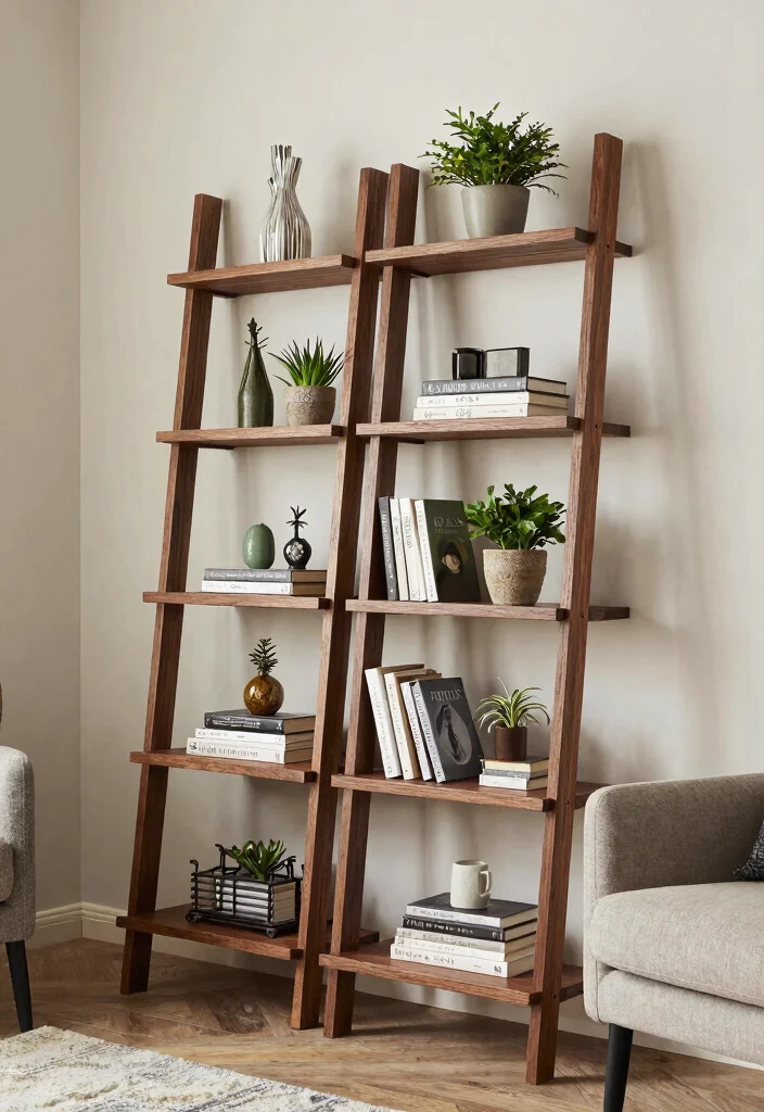 30 Dark Wood Living Room Decor Ideas for a Warm Elegant Home - 23. Dark Wood Ladder Shelves 1