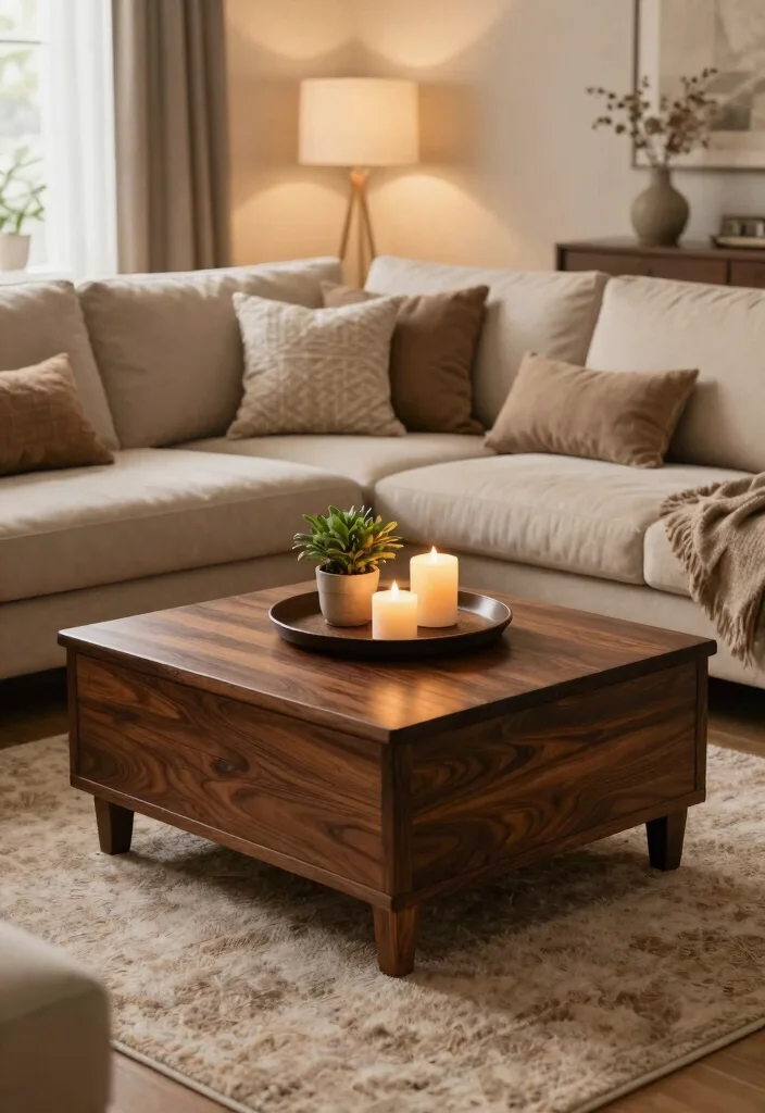 30 Dark Wood Living Room Decor Ideas for a Warm Elegant Home - 24. Dark Wood Ottoman 1