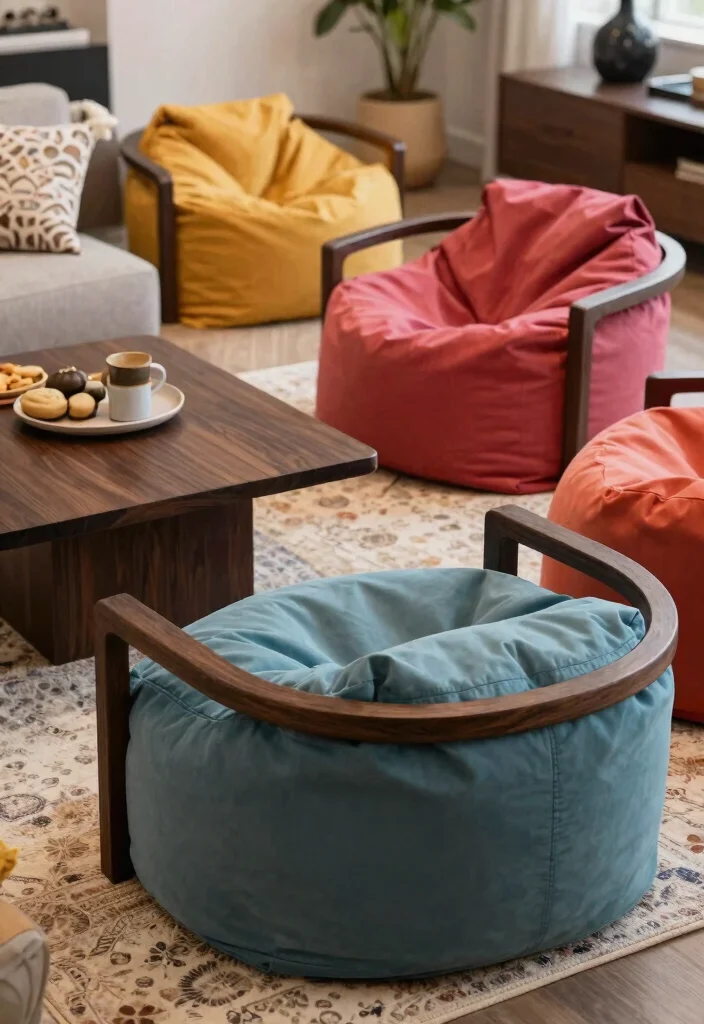 30 Dark Wood Living Room Decor Ideas for a Warm Elegant Home - 26. Dark Wood Bean Bags 1