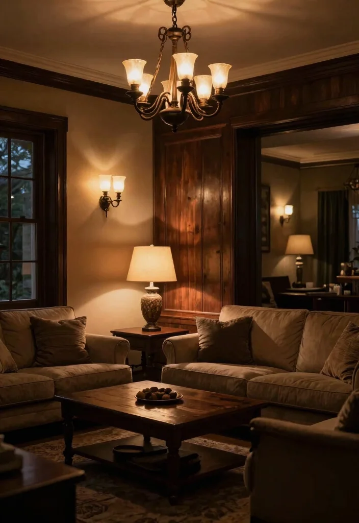 30 Dark Wood Living Room Decor Ideas for a Warm Elegant Home - 9. Layered Lighting with Dark Wood Accents 1