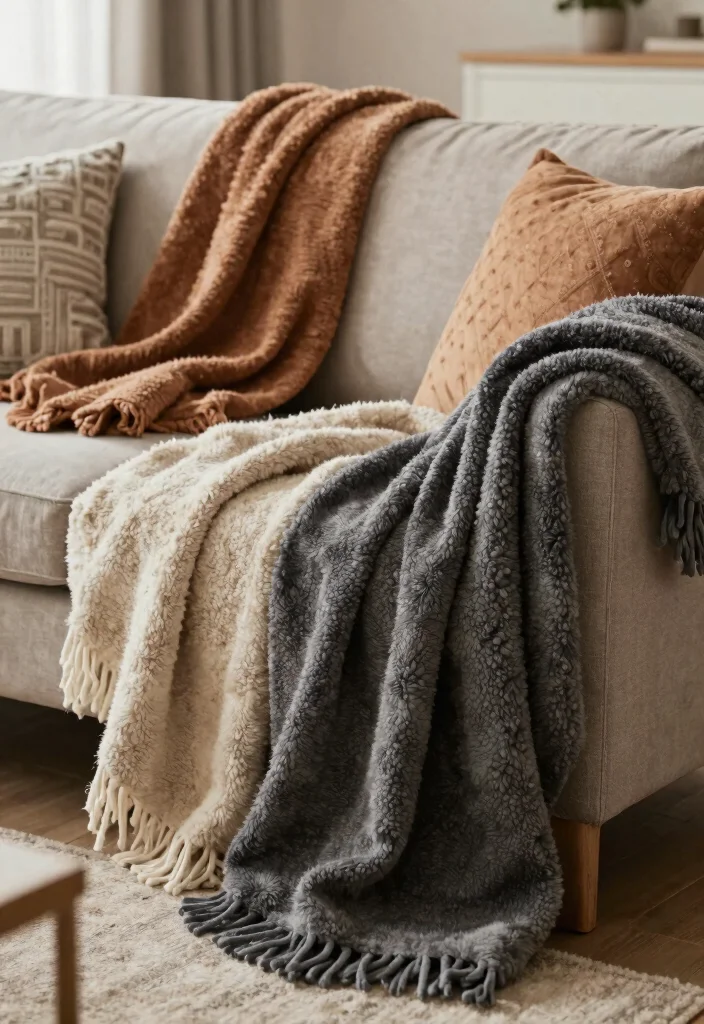 30 Dream House Decor Living Room Ideas for a Luxury Cozy Space - 16. Plush Throws 1