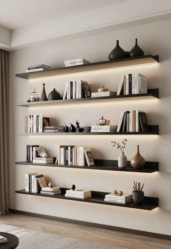 30 Dream House Decor Living Room Ideas for a Luxury Cozy Space - 19. Wall-Mounted Shelves 1