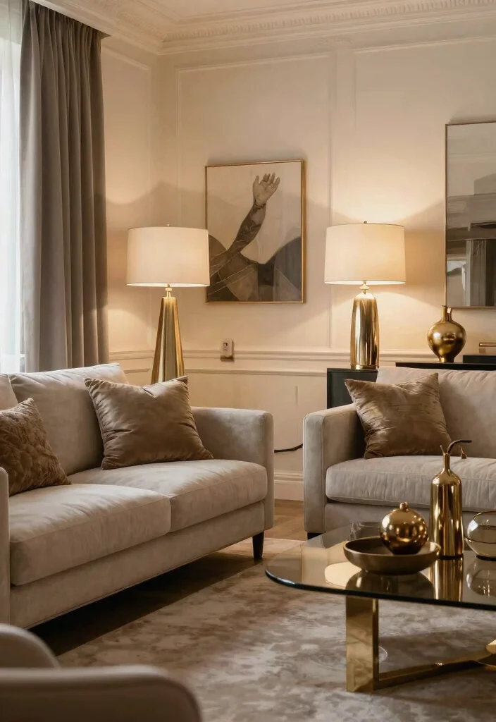 30 Dream House Decor Living Room Ideas for a Luxury Cozy Space - 26. Warm Metallic Accents 1
