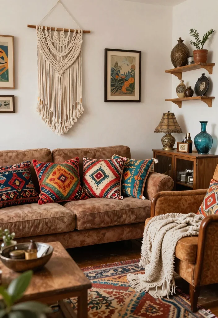 30 Dream House Decor Living Room Ideas for a Luxury Cozy Space - 3. Boho-Chic Accessories 1