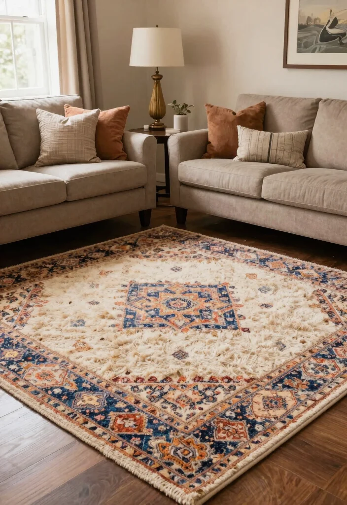 30 Dream House Decor Living Room Ideas for a Luxury Cozy Space - 6. Cozy Area Rugs 1