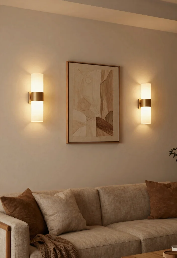 30 Earth Tone Living Room Decor Cozy Ideas for a Warm Natural Home - 13. Ambient Wall Sconces 1