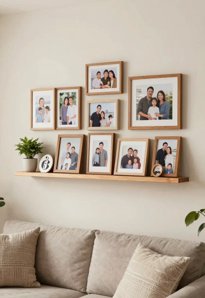30 Earth Tone Living Room Decor Cozy Ideas for a Warm Natural Home - 15. Personalized Family Display 1