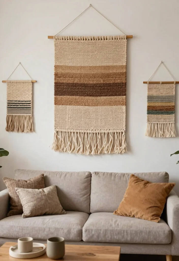 30 Earth Tone Living Room Decor Cozy Ideas for a Warm Natural Home - 21. Woven Wall Hangings 1