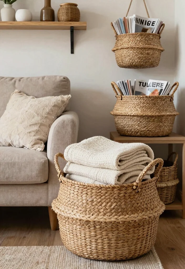 30 Earth Tone Living Room Decor Cozy Ideas for a Warm Natural Home - 23. Thoughtful Organization with Baskets 1