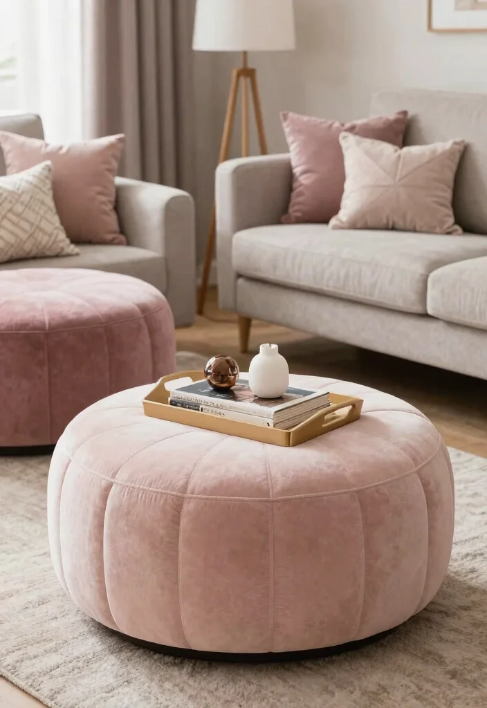 30 Girly Apartment Decor Living Room Ideas for a Chic Pretty Space - 23. Charming Ottomans 1