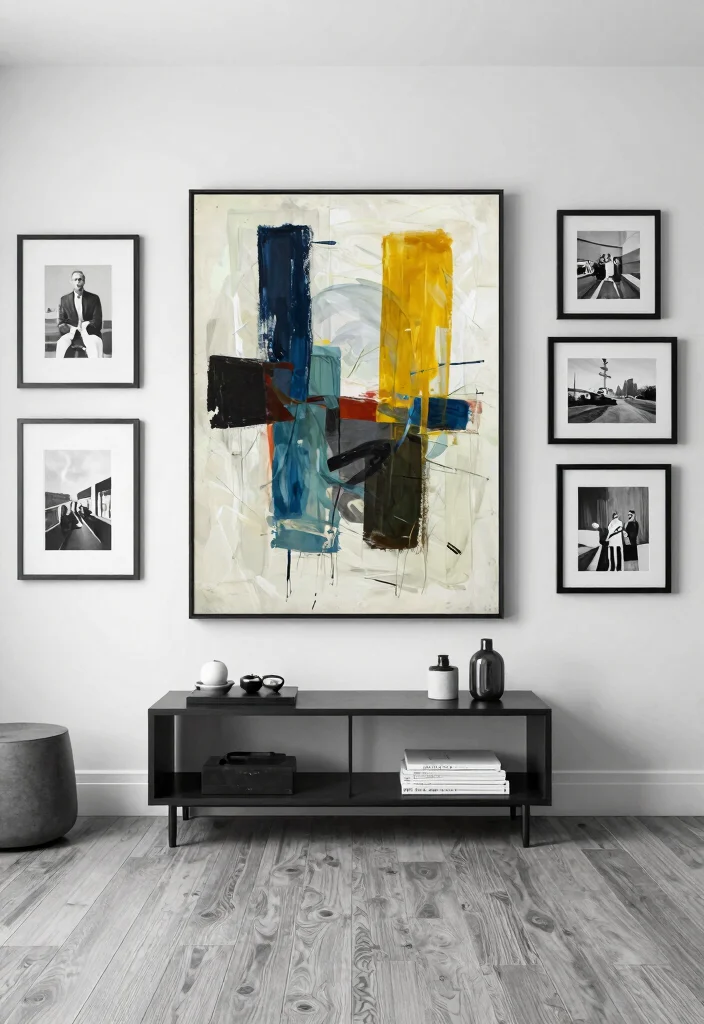 30 Grey Wood Floors Living Room Decor Ideas for a Clean Modern Look - 10. Showcase Unique Art Pieces 1