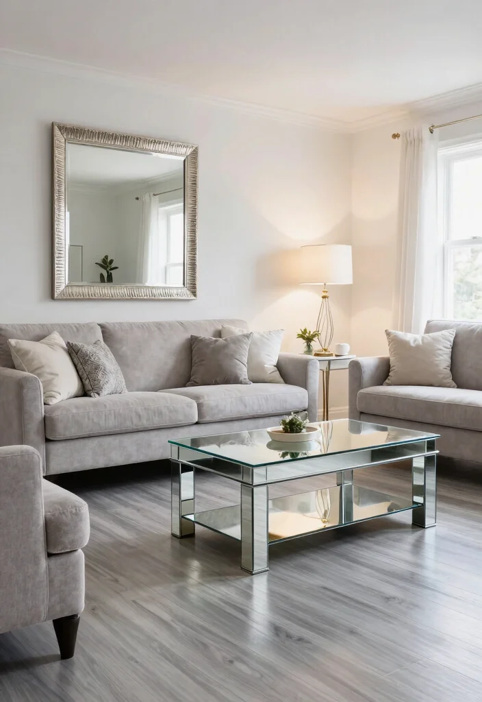 30 Grey Wood Floors Living Room Decor Ideas for a Clean Modern Look - 12. Use Mirrors to Reflect Light 1