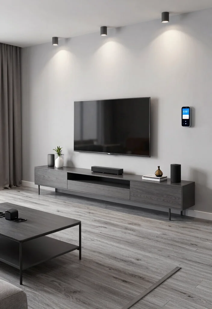 30 Grey Wood Floors Living Room Decor Ideas for a Clean Modern Look - 13. Integrate Technology Seamlessly 1