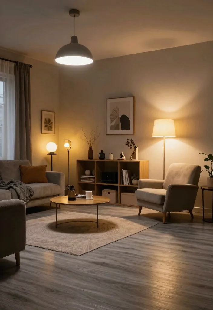 30 Grey Wood Floors Living Room Decor Ideas for a Clean Modern Look - 18. Add Layered Lighting 1
