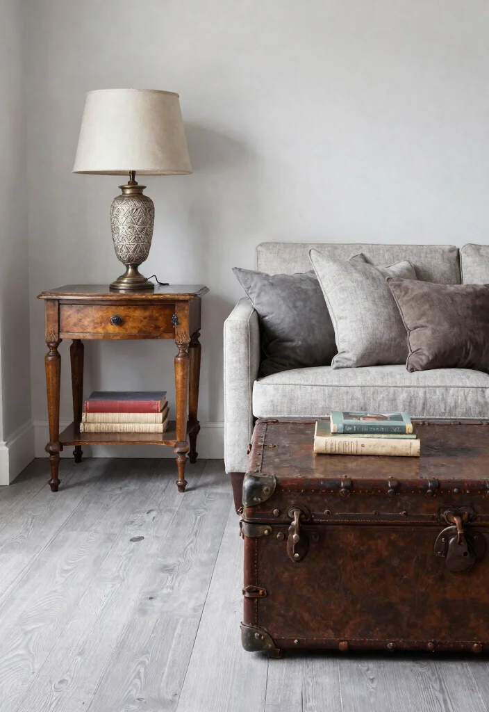 30 Grey Wood Floors Living Room Decor Ideas for a Clean Modern Look - 29. Incorporate Vintage Finds 1