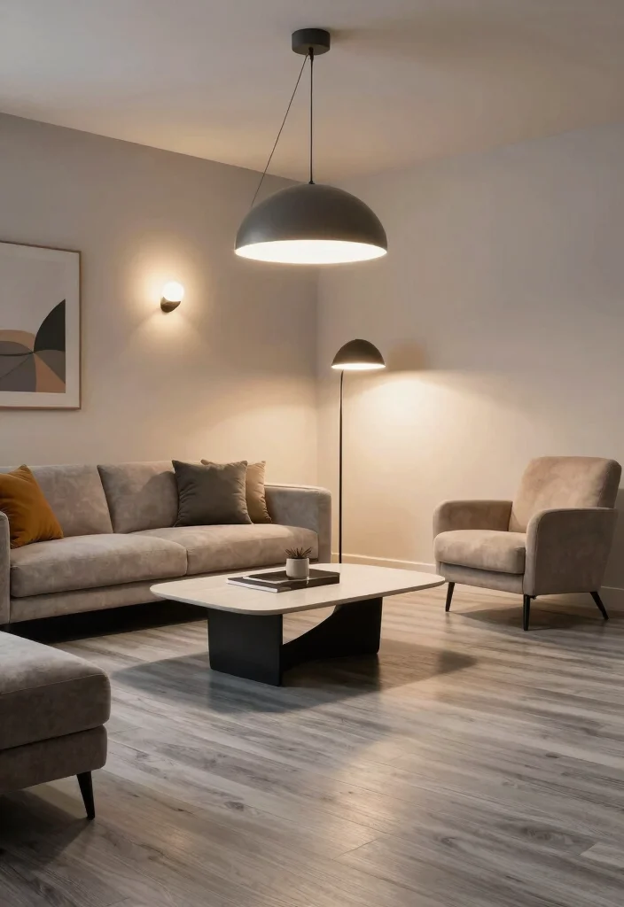 30 Grey Wood Floors Living Room Decor Ideas for a Clean Modern Look - 5. Incorporate Modern Lighting 1