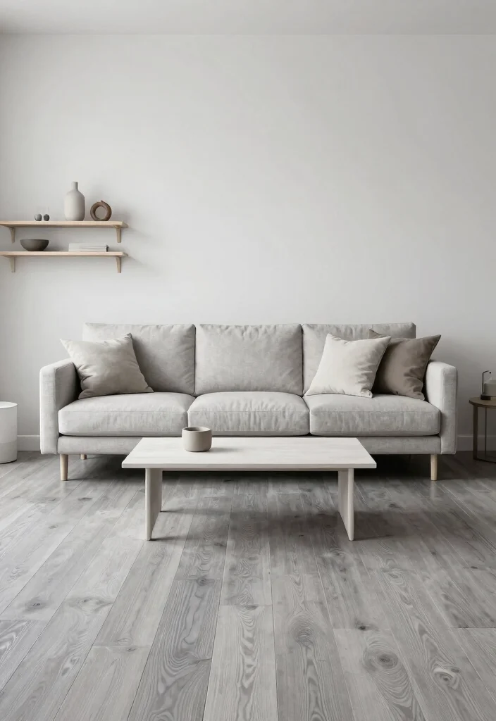 30 Grey Wood Floors Living Room Decor Ideas for a Clean Modern Look - 8. Go for Minimalist Decor 1