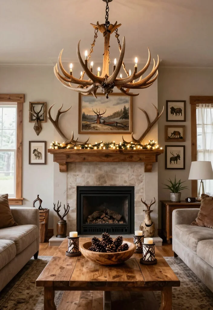 30 Hunting Decor Living Room Ideas for a Rustic Cozy Cabin Style - 1. Antler Accents 1