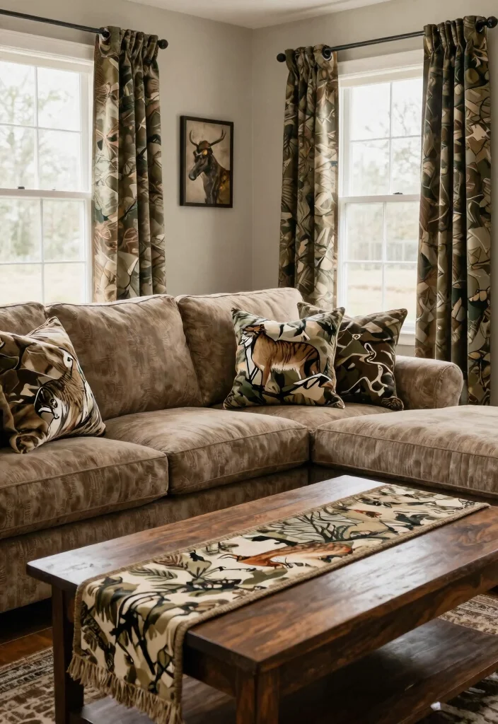 30 Hunting Decor Living Room Ideas for a Rustic Cozy Cabin Style - 10. Hunting Inspired Fabrics 1