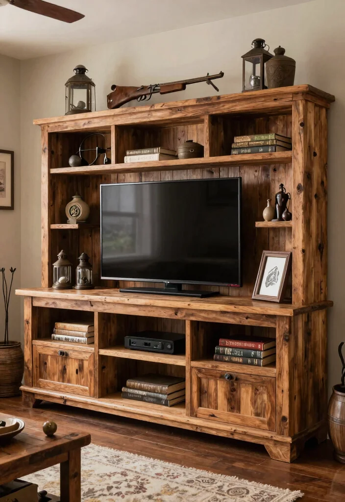 30 Hunting Decor Living Room Ideas for a Rustic Cozy Cabin Style - 11. Rustic Entertainment Center 1