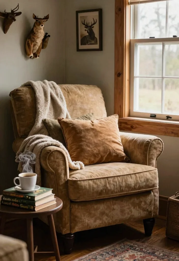 30 Hunting Decor Living Room Ideas for a Rustic Cozy Cabin Style - 12. Cozy Reading Nook 1