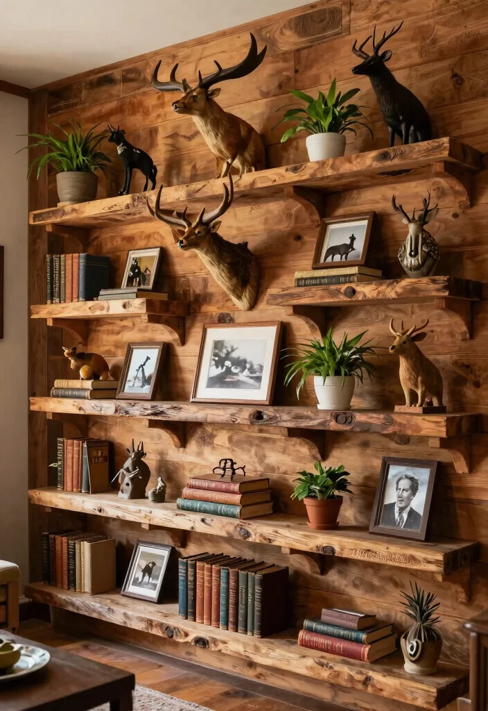 30 Hunting Decor Living Room Ideas for a Rustic Cozy Cabin Style - 13. Rustic Wall Shelves 1