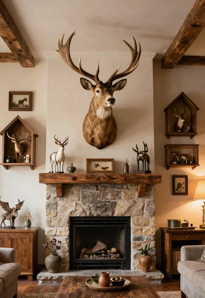 30 Hunting Decor Living Room Ideas for a Rustic Cozy Cabin Style - 15. Decorative Taxidermy 1