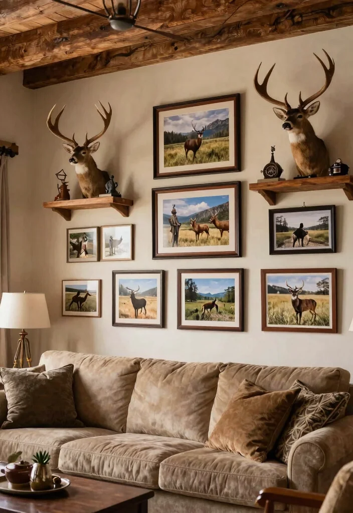 30 Hunting Decor Living Room Ideas for a Rustic Cozy Cabin Style - 19. Personalized Hunting Memories 1