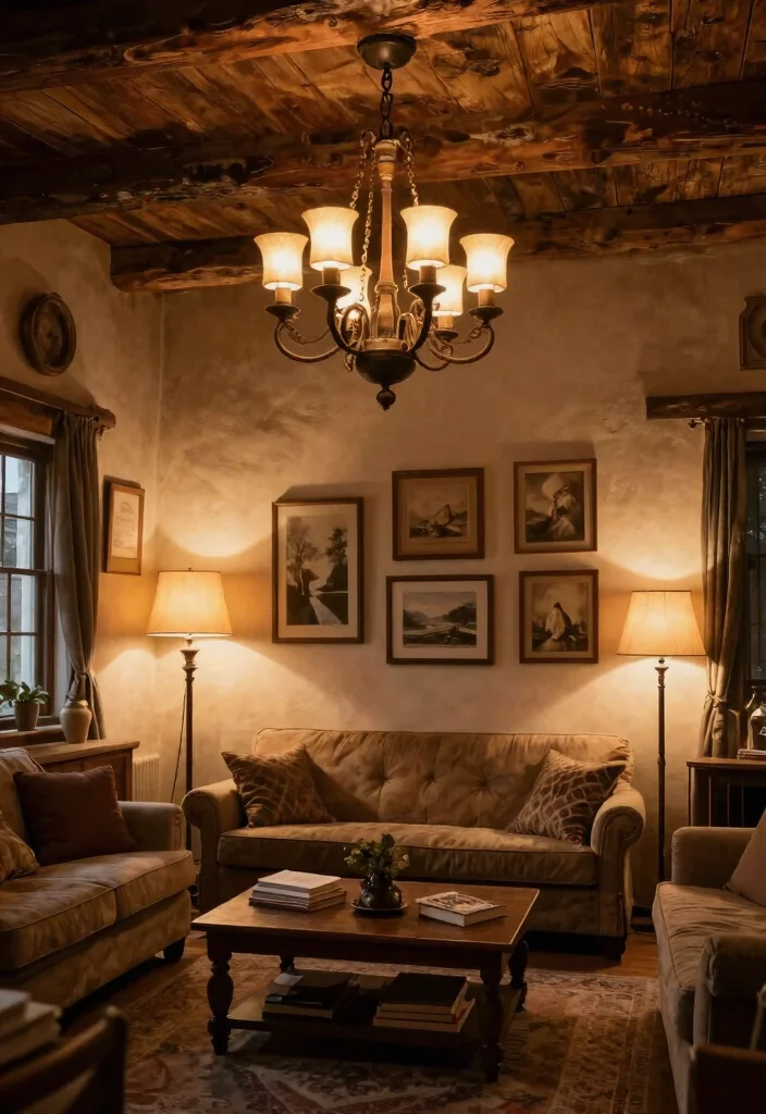 30 Hunting Decor Living Room Ideas for a Rustic Cozy Cabin Style - 22. Layered Lighting 1