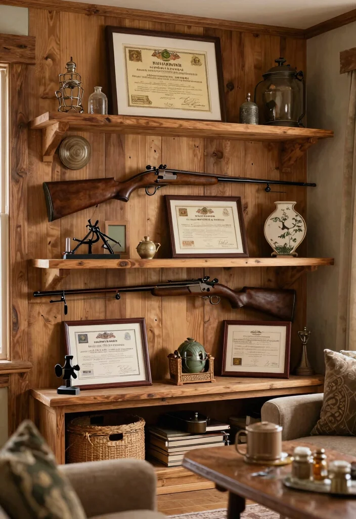 30 Hunting Decor Living Room Ideas for a Rustic Cozy Cabin Style - 26. Hunting Gear Display 1