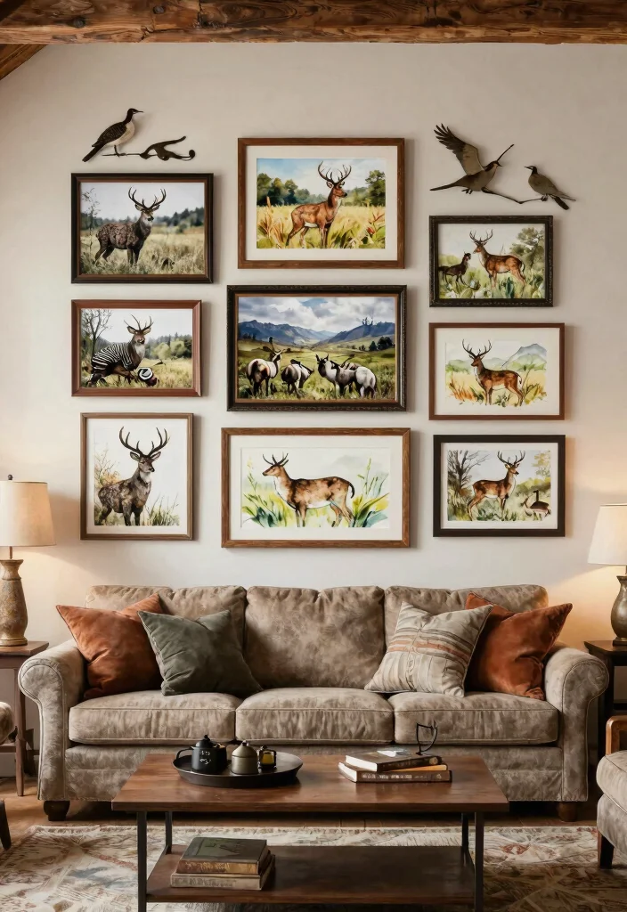 30 Hunting Decor Living Room Ideas for a Rustic Cozy Cabin Style - 3. Hunting Themed Artwork 1