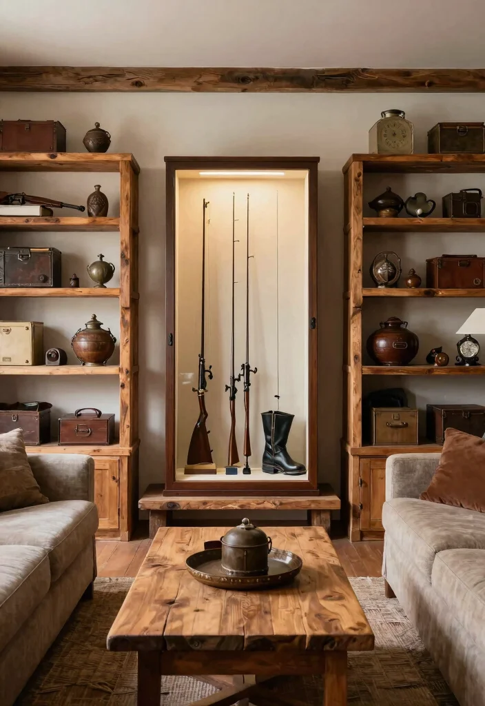 30 Hunting Decor Living Room Ideas for a Rustic Cozy Cabin Style - 4. Vintage Hunting Gear Displays 1