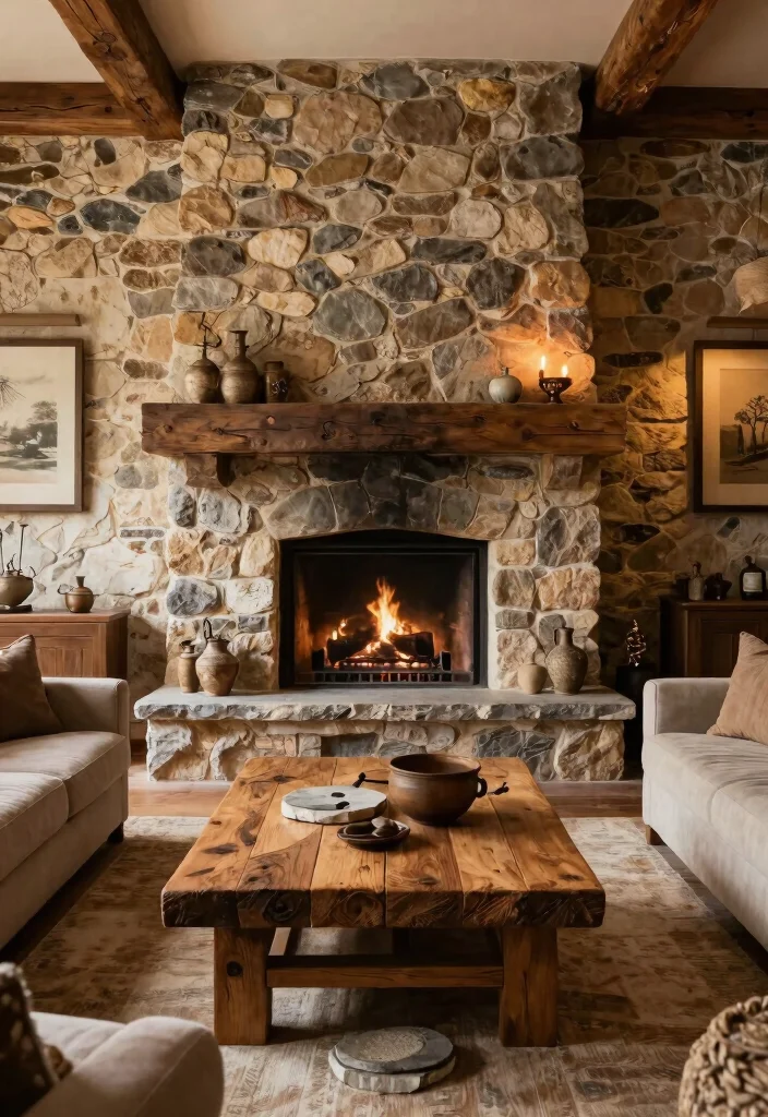 30 Hunting Decor Living Room Ideas for a Rustic Cozy Cabin Style - 9. Stone Accents 1
