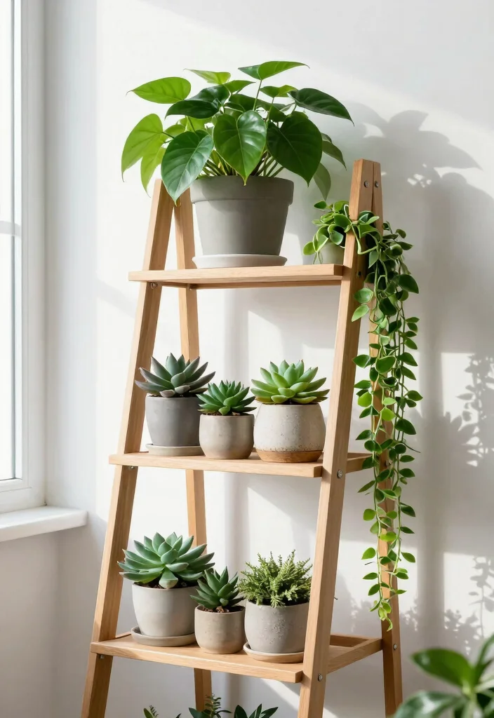 30 Ladder Shelf Decor Living Room Ideas for Stylish Small Space Storage - 1. Greenery Galore 1