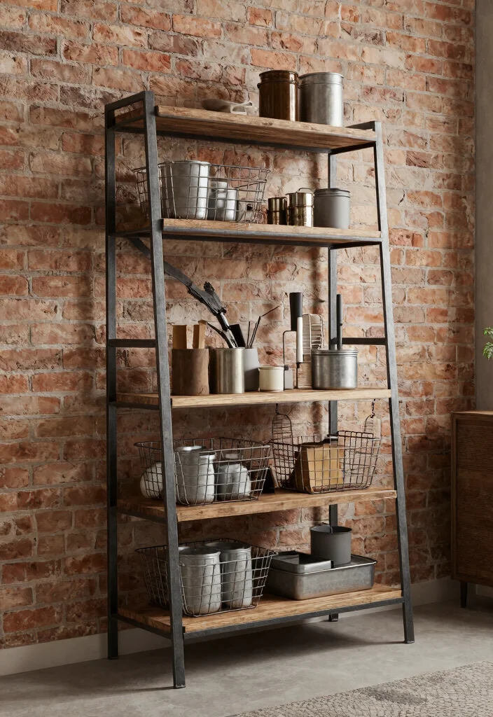 30 Ladder Shelf Decor Living Room Ideas for Stylish Small Space Storage - 13. Industrial Chic 1
