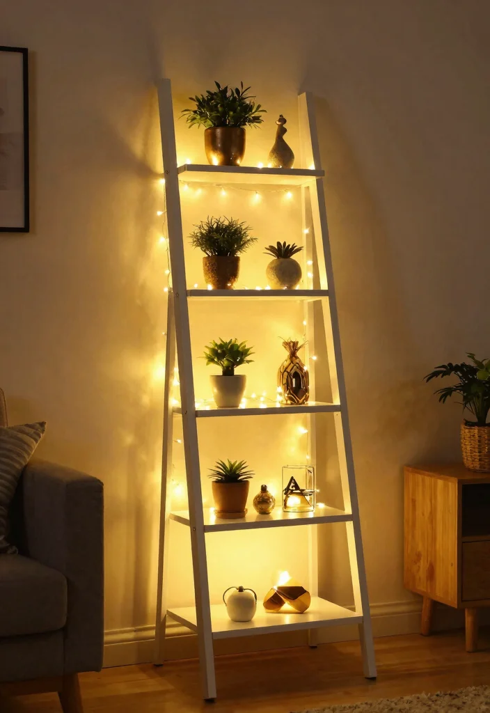 30 Ladder Shelf Decor Living Room Ideas for Stylish Small Space Storage - 15. Elegant Lighting Accents 1