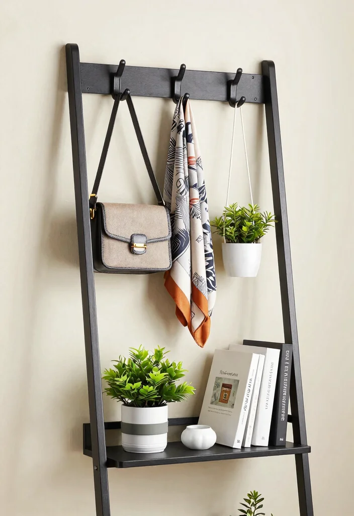 30 Ladder Shelf Decor Living Room Ideas for Stylish Small Space Storage - 16. Functional Hooks 1