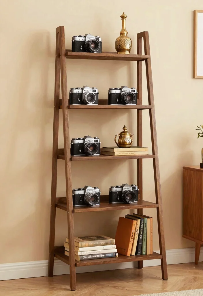 30 Ladder Shelf Decor Living Room Ideas for Stylish Small Space Storage - 17. Vintage Finds 1