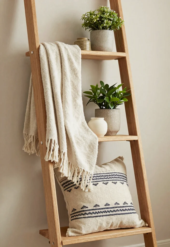 30 Ladder Shelf Decor Living Room Ideas for Stylish Small Space Storage - 18. Layered Textiles 1