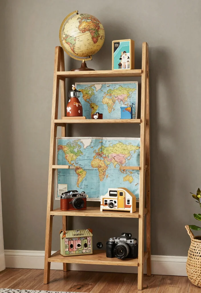 30 Ladder Shelf Decor Living Room Ideas for Stylish Small Space Storage - 21. Travel-Inspired Decor 1