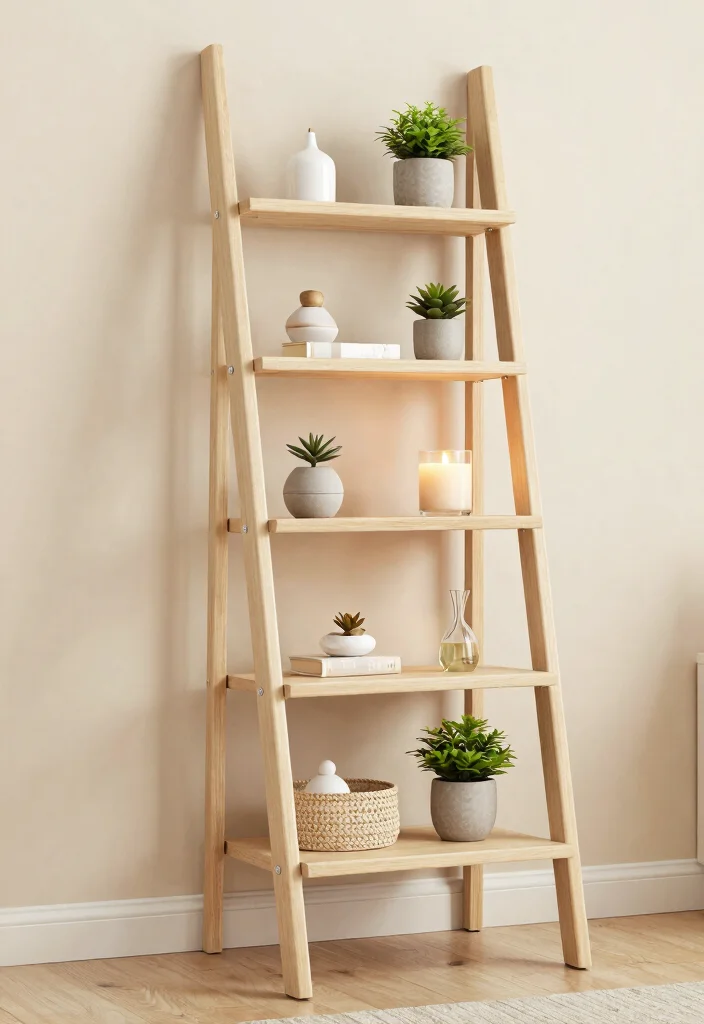 30 Ladder Shelf Decor Living Room Ideas for Stylish Small Space Storage - 22. Serene Zen Space 1