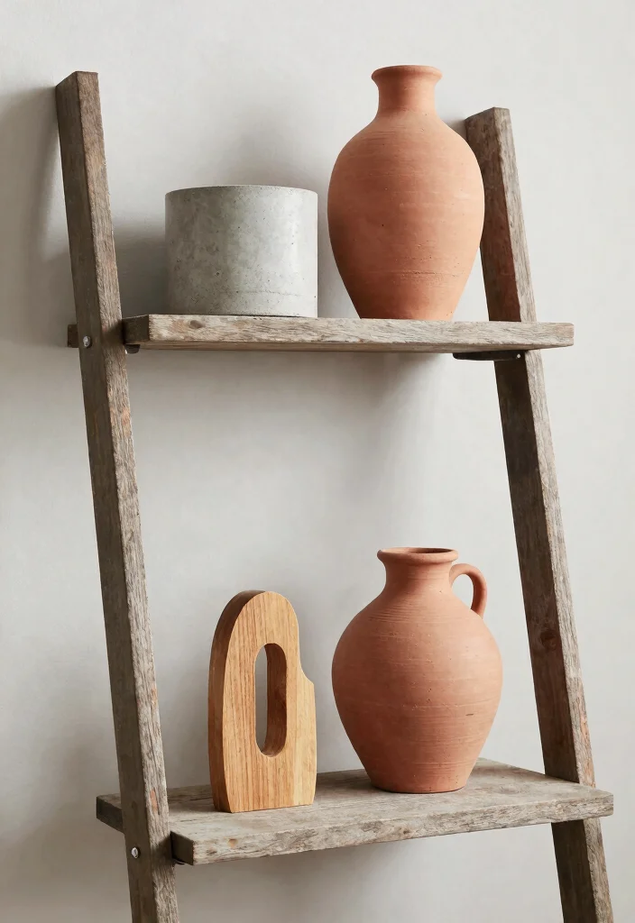 30 Ladder Shelf Decor Living Room Ideas for Stylish Small Space Storage - 23. Unique Materials 1