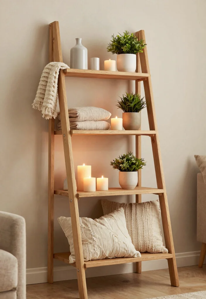 30 Ladder Shelf Decor Living Room Ideas for Stylish Small Space Storage - 25. Warm and Cozy 1