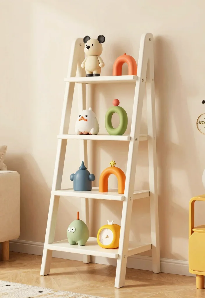 30 Ladder Shelf Decor Living Room Ideas for Stylish Small Space Storage - 26. Whimsical Touches 1