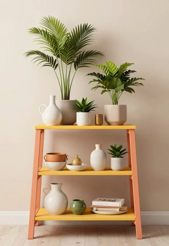 30 Ladder Shelf Decor Living Room Ideas for Stylish Small Space Storage - 28. Play with Heights 1