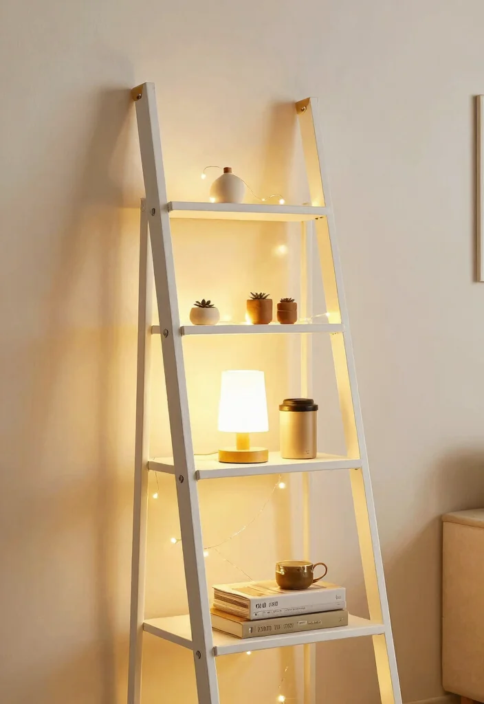 30 Ladder Shelf Decor Living Room Ideas for Stylish Small Space Storage - 29. Layered Lighting 1
