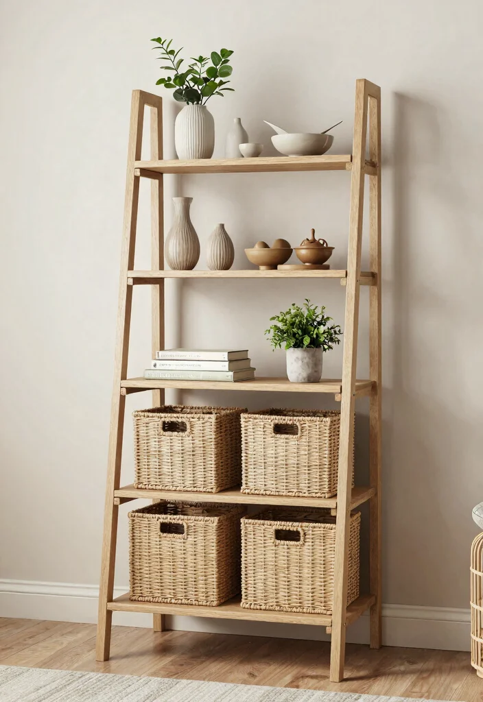 30 Ladder Shelf Decor Living Room Ideas for Stylish Small Space Storage - 4. Multifunctional Magic 1