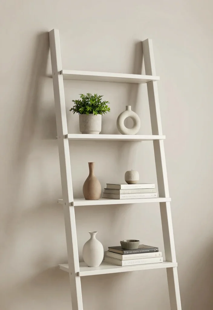 30 Ladder Shelf Decor Living Room Ideas for Stylish Small Space Storage - 6. Minimalist Styling 1